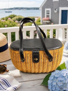Braciano Black & Natural Wicker Top-Handle Tote leather trim